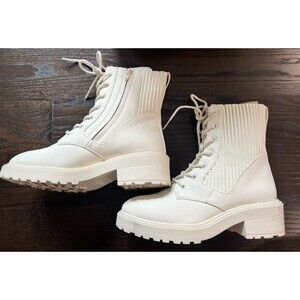 Amazon Essentials Women's Rubberized Combat Boot White Faux Leather Size 7.5